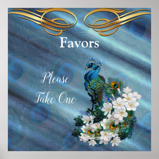 Affiche Or, 2 Peacocks sur la soie verte Emeraude (Devant)