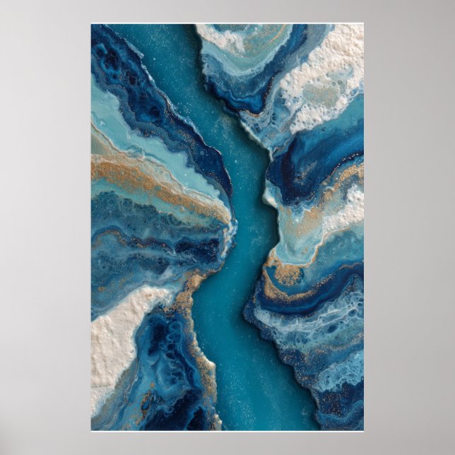 Affiche Or abstrait Veine d'Or Océan Profond Bleu (Devant)