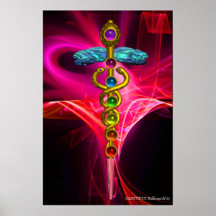 Affiche OR CADUCEUS 7 CHAKRAS PINK FUCHSIA Yoga Médicale