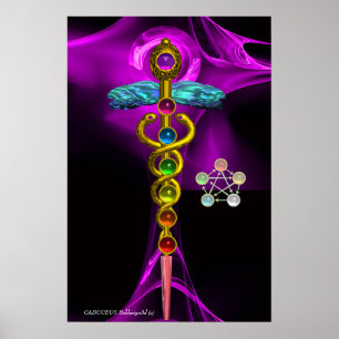 AFFICHE OR CADUCUS ET 7 CHAKRAS EN PURPLE FRACTAL ROSE