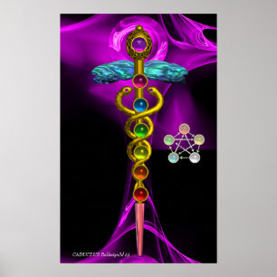 AFFICHE OR CADUCUS ET 7 CHAKRAS EN PURPLE FRACTAL ROSE