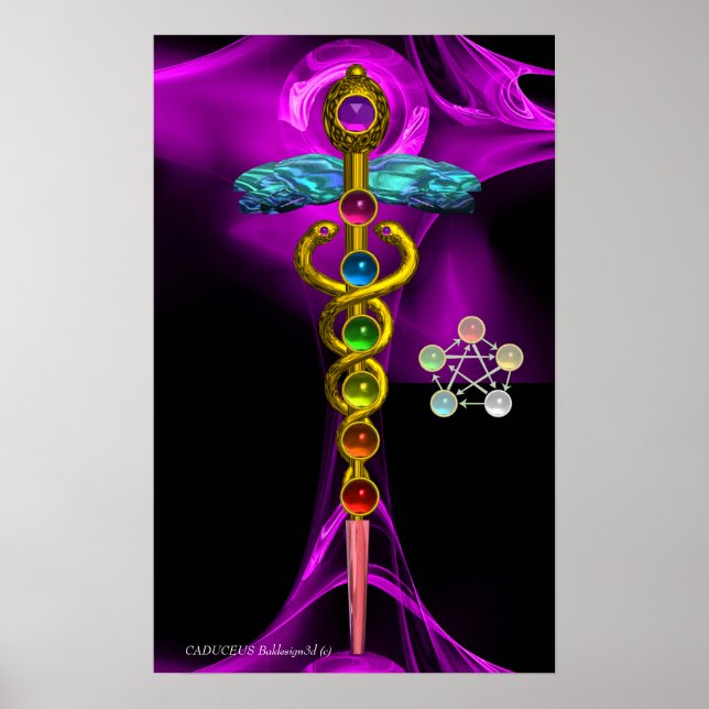 AFFICHE OR CADUCUS ET 7 CHAKRAS EN PURPLE FRACTAL ROSE (Devant)
