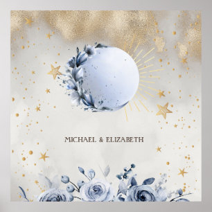 Affiche Or céleste Soleil, Bleu Lune Rose étoiles Or