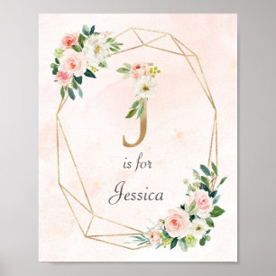 Affiche Or et rose Roses Nom du bébé Monogramme