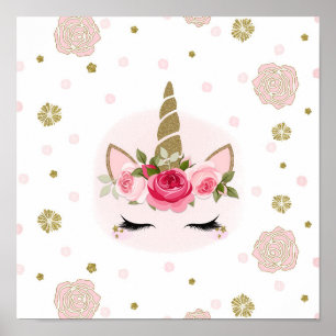 Affiche Or et rose Unicorn Fleur Fleur Fleur Fleur Fleur T