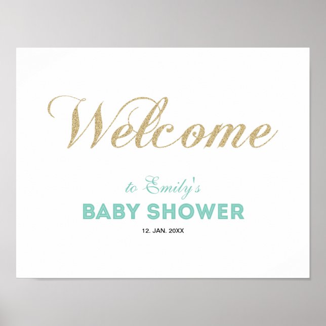 Affiche Or & Menthe | Panneau de Bienvenue pour Baby Showe (Devant)