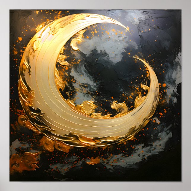 Affiche Or noir Abstrait Tourbillon Lune Moderne (Devant)
