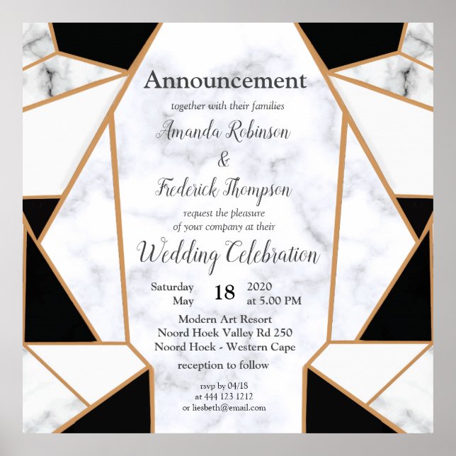 Affiche Or noir moderne Abstrait sur le Marbre blanc (Devant)