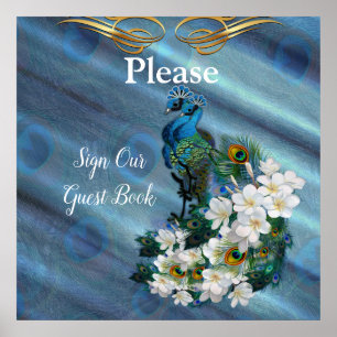 Affiche Or, plumes de paon sur soie vert émeraude