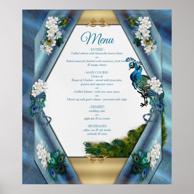 Affiche Or, plumes de paon sur soie vert émeraude (Devant)