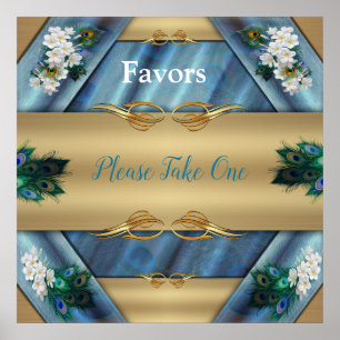 Affiche Or, plumes de paon sur soie vert émeraude