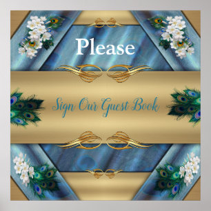 Affiche Or, plumes de paon sur soie vert émeraude