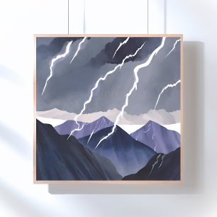 Affiche Orage éclair   Montagnes sombres à l'aquarelle
