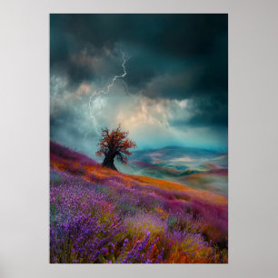 Affiche Orage sur champs de lavande - Dramatique