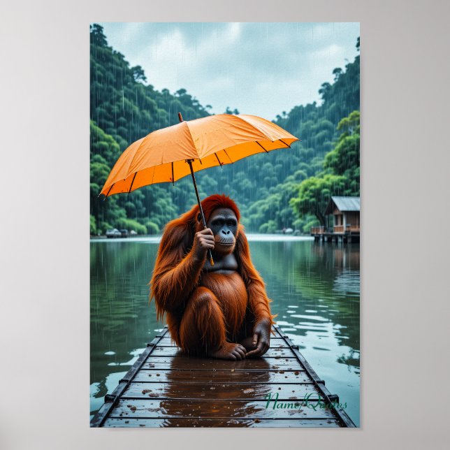 Affiche Orang-outan avec parapluie orange (Devant)
