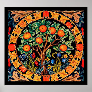 AFFICHE ORANGE ARBRE AVEC FEUILLES VERTS, FLEURS