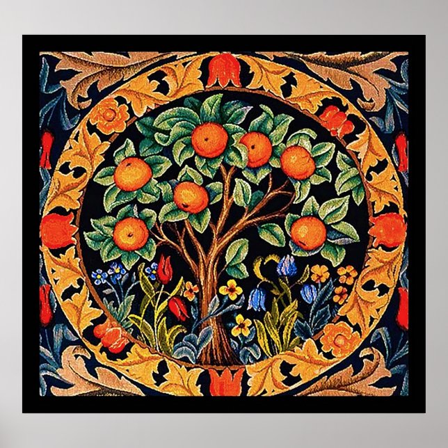 AFFICHE ORANGE ARBRE AVEC FEUILLES VERTS, FLEURS (Devant)