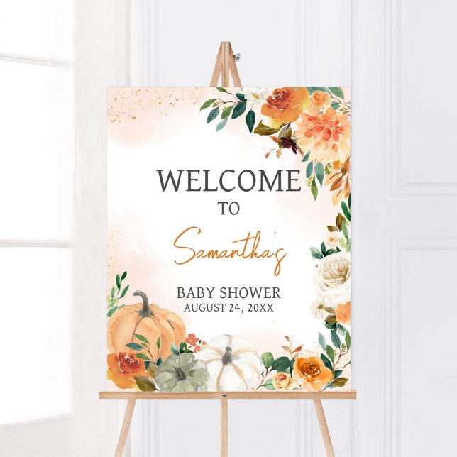 Affiche Orange Automne Automne Citrouille Floral Bienvenue (Autumn Floral Pumpkin Baby Shower Welcome Sign)