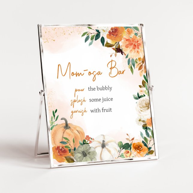 Affiche Orange Automne Automne Floral Citrouille Maman Osa (Autumn Floral Pumpkin Baby Shower Mom Osa Bar Sign)