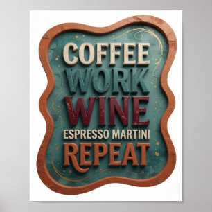 Affiche Orange CAFÉ TRAVAIL VIN MARTINI EXPRESSO RÉPÉTER