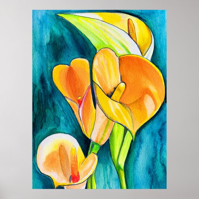 Affiche Orange Calla fleurs de laine aquarelle art (Devant)