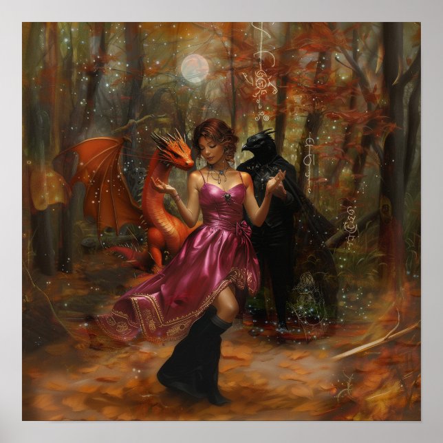 Affiche Orange Dragon Raven Witchy AI Art Matte Value (Devant)