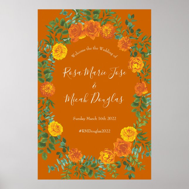 Affiche Orange et rouille Chute Peony & Rose Floral Mariag (Devant)