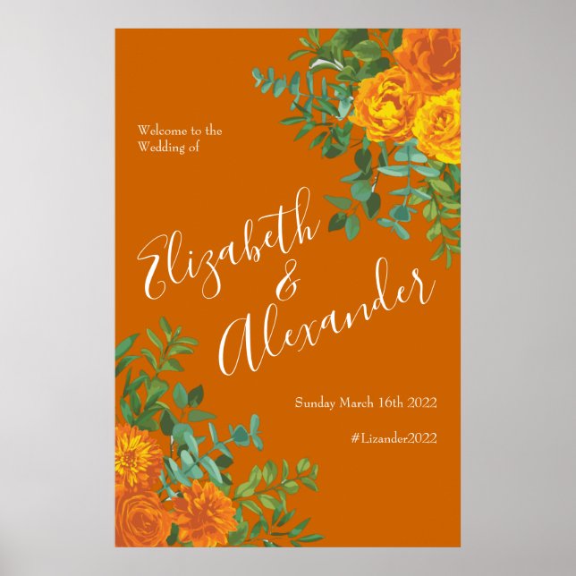 Affiche Orange et rouille Rose  Floral Mariage (Devant)