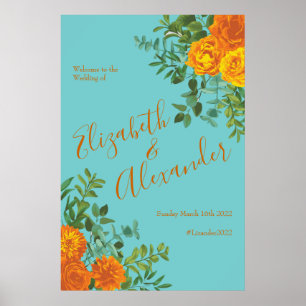 Affiche Orange et Turquoise Aqua Peony Rose Mariage Floral