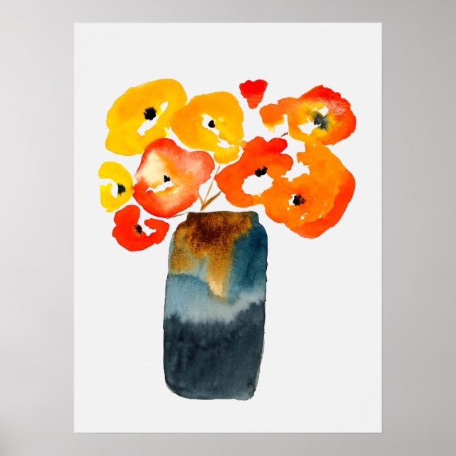 Affiche Orange fleurs de pavot aquarelle (Devant)