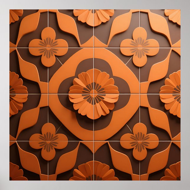 Affiche Orange Floral Medallion Geometric Tile Pattern (Devant)