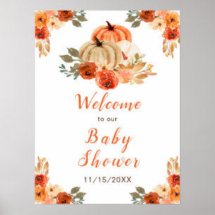 Affiche Orange Floral Rustique Baby shower Citrouille