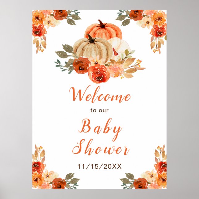 Affiche Orange Floral Rustique Baby shower Citrouille (Devant)