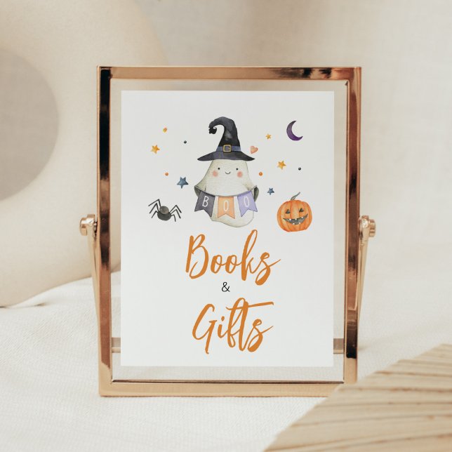 Affiche Orange Halloween Ghost Little Livres et Cadeaux (Little Boo Baby Shower Books and Gifts Sign)