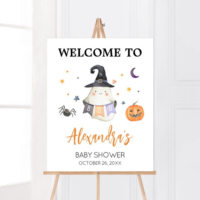 Affiche Orange Halloween Ghost Petit Boite Bienvenue (Little Boo Baby Shower Welcome Sign)