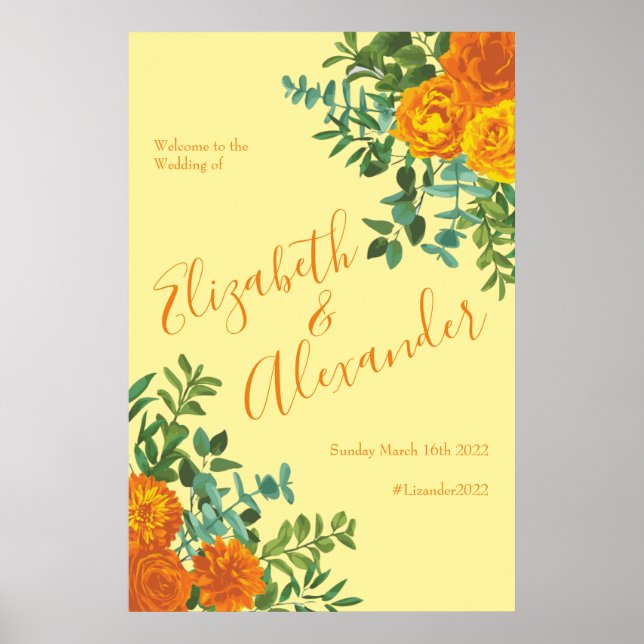 Affiche Orange Jaune Rose Mariage Floral (Devant)