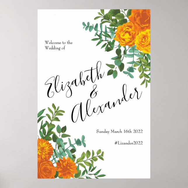 Affiche Orange Rose Mariage Floral Moderne (Devant)