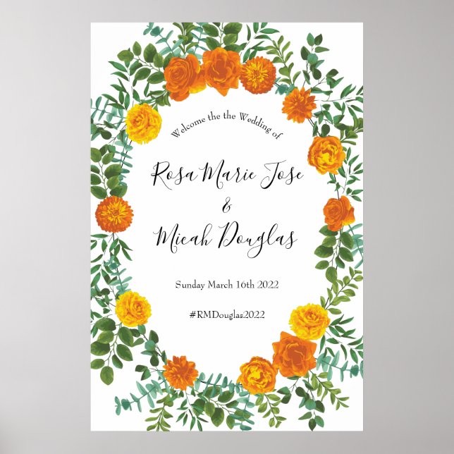 Affiche Orange Rose Mariage Floral Moderne (Devant)