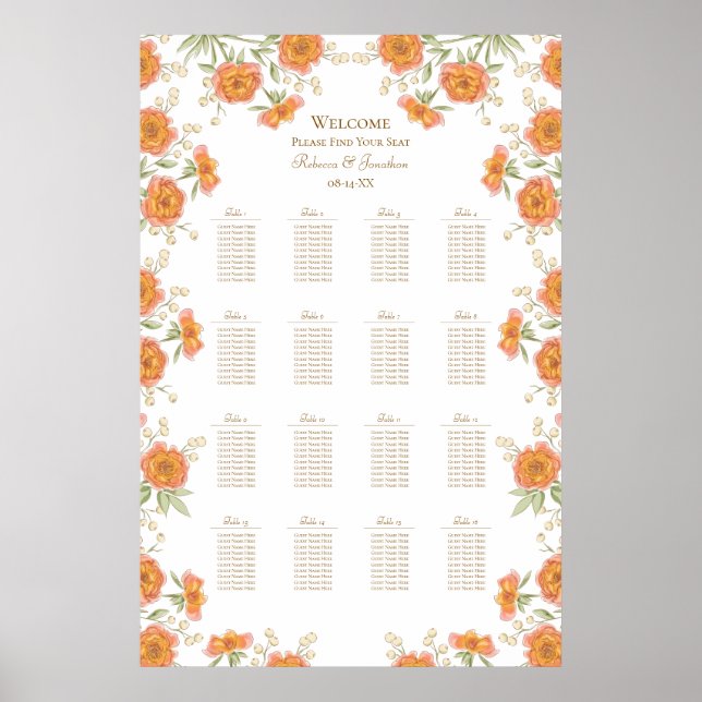 Affiche Orange Rose Wedding Seating Chart (Devant)