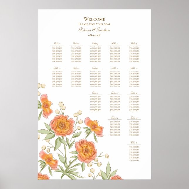Affiche Orange Rose Wedding Seating Chart (Devant)