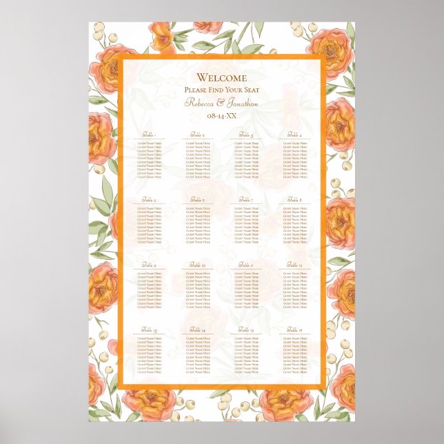 Affiche Orange Rose Wedding Seating Chart (Devant)