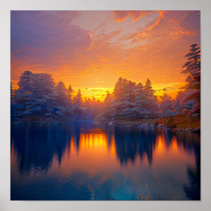 Affiche Orange Sunset at the Calm Forest Lake