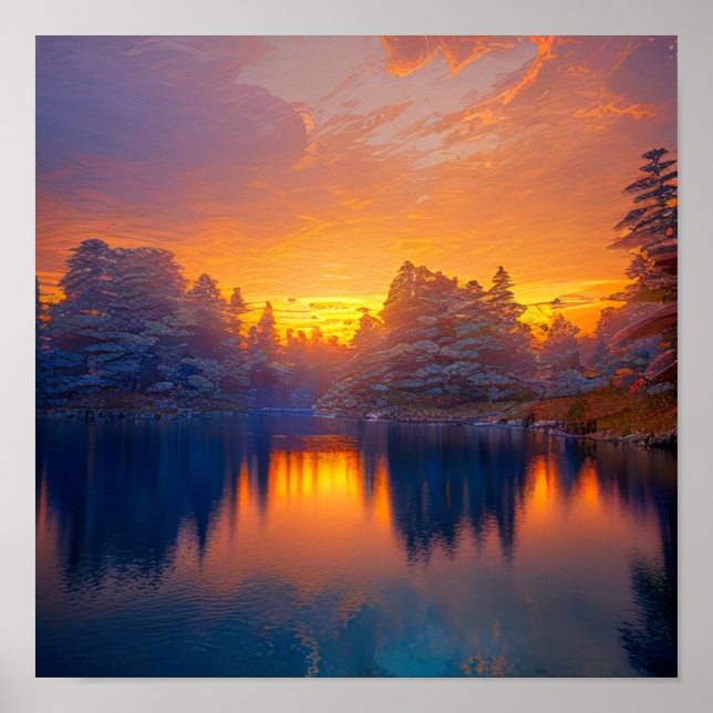 Affiche Orange Sunset at the Calm Forest Lake (Devant)
