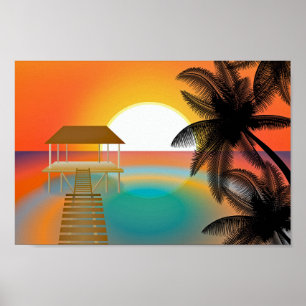 Affiche Orange Sunset Beach with Palm Tree Hut