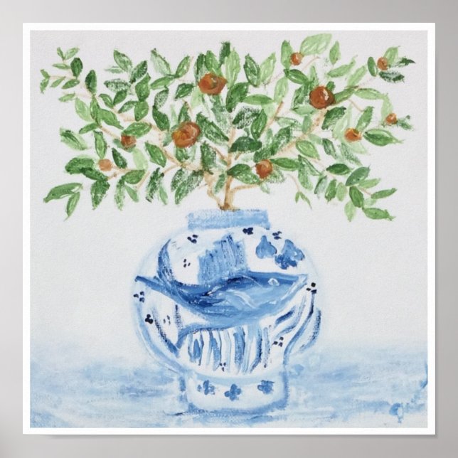 Affiche Orange Tree Topiary Blue Ginger Jar Art Imprimer (Devant)