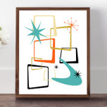Affiche Orange Turquoise Atomique Etoiles Boomerang Moyen-<br><div class="desc">Ajoutez cette bouffée d'amusement et de couleur à votre mur avec cette affiche moderne de l'ère atomique du milieu du siècle ! Ce design présente des carrés abstraits,  des starbursts et un boomerang aux couleurs bleu turquoise,  orange,  crème,  or et noir... si funky !</div>