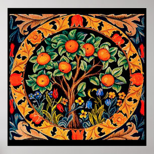 AFFICHE ORANGER AUX FEUILLES VERTES, FLEURS
