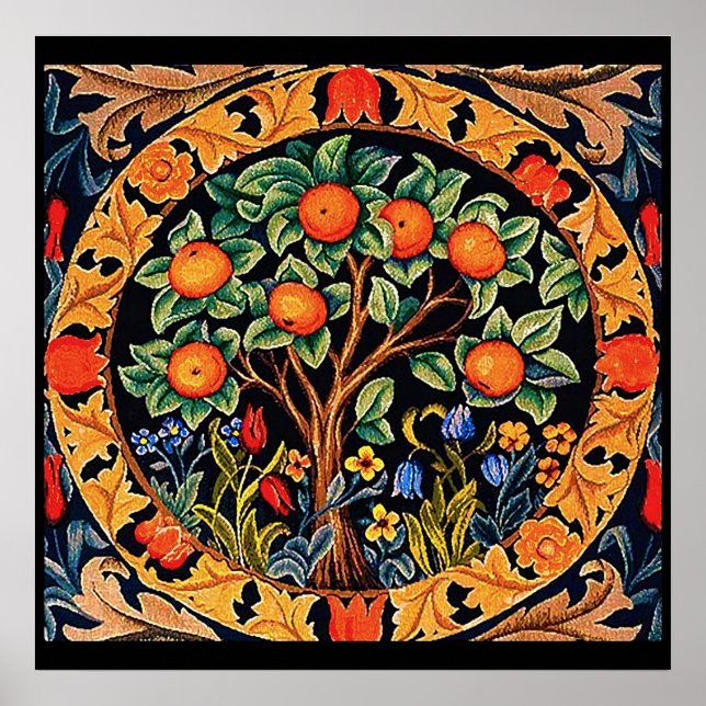 AFFICHE ORANGER AUX FEUILLES VERTES, FLEURS (Devant)