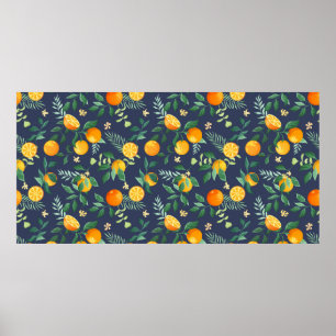 Affiche Oranges de fruits aux feuilles tropicaux et fleurs