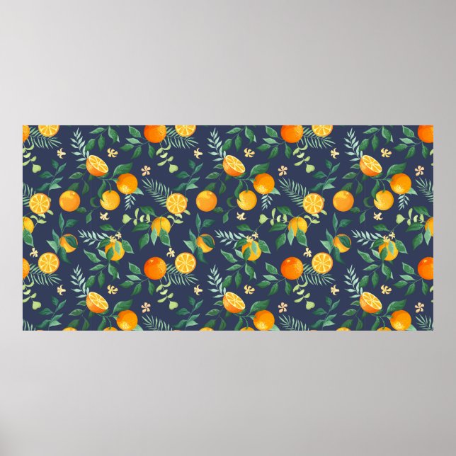 Affiche Oranges de fruits aux feuilles tropicaux et fleurs (Devant)
